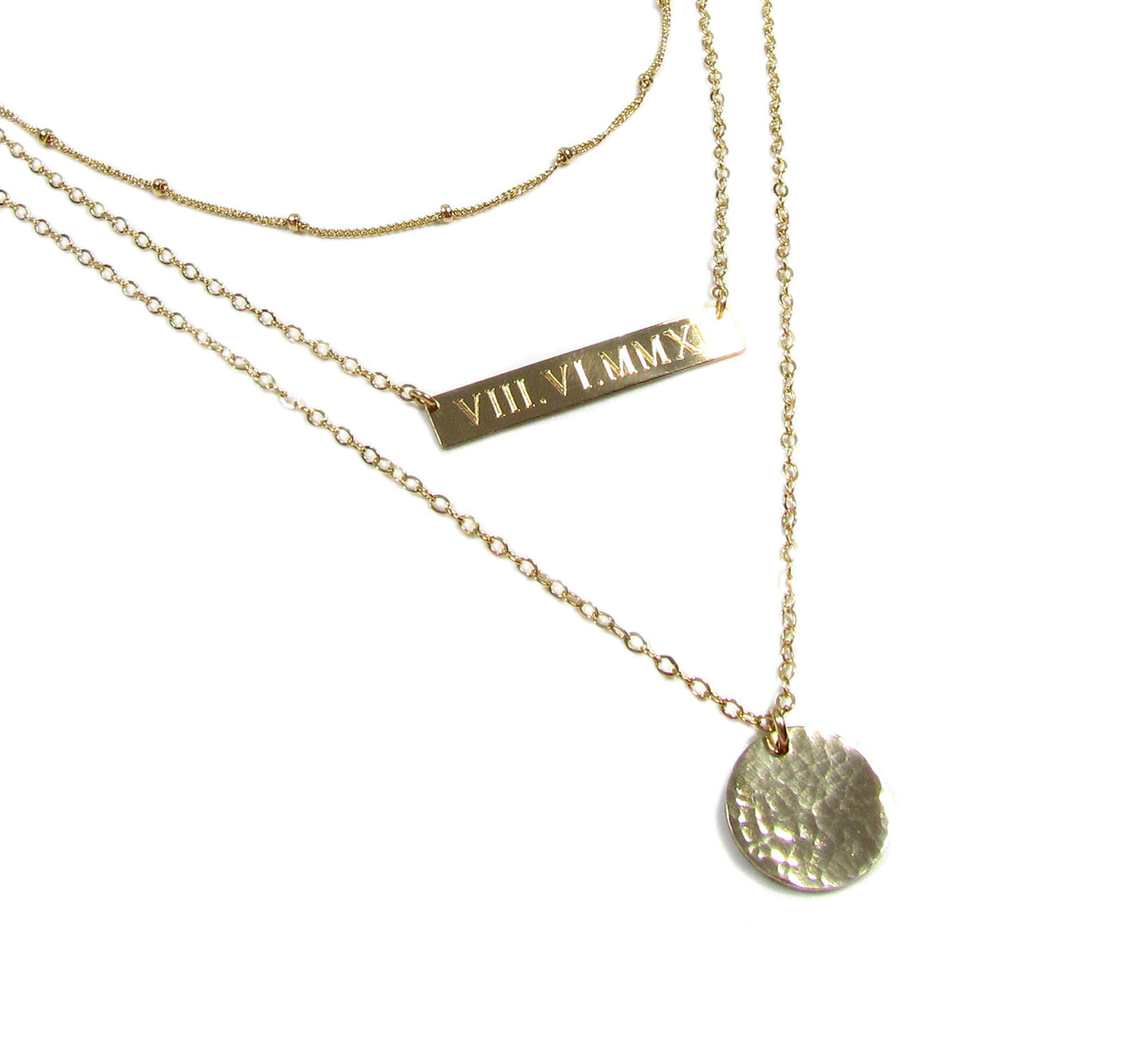 Set of 3 Layering Necklaces | Beaded Satellite Chain, Engraved Bar, Pendant & Hammered Disc